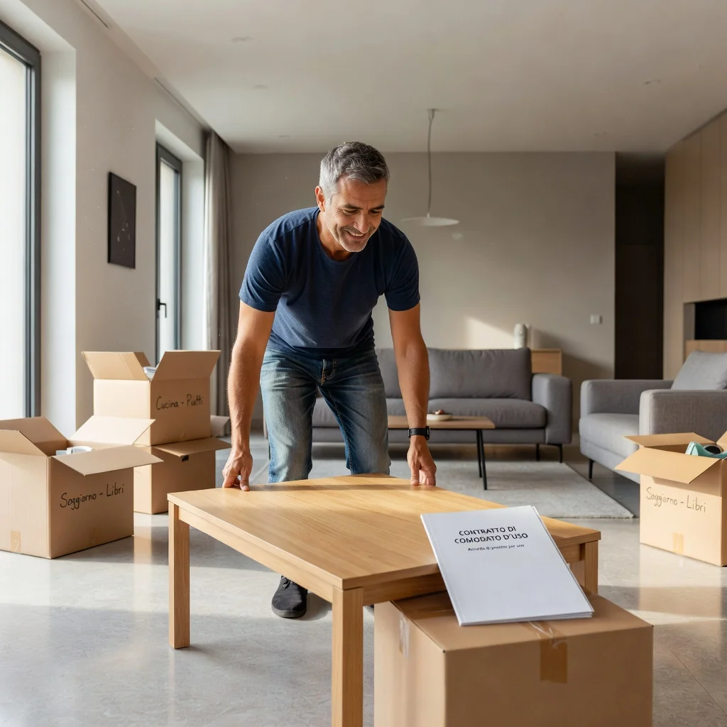 A photorealistic image illustrating the concept of a lease contract with loan for use in Italy, showing an adult tenant happily moving into a modern apartment, unpacking boxes in a bright living room, symbolizing the advantages and disadvantages of such rental agreements, with no focus on legal documents.