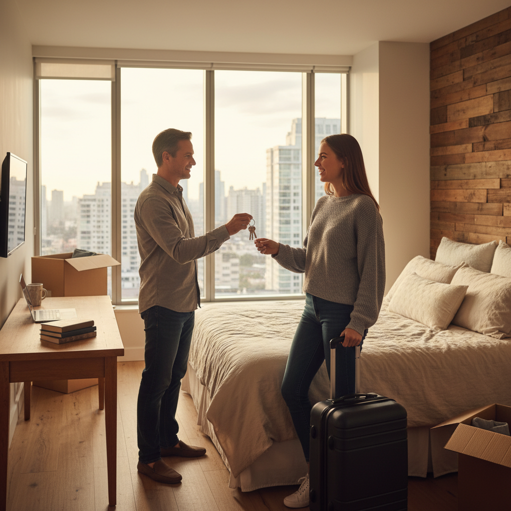 A photorealistic image depicting two adults in a modern rented room, one handing over keys to the other, symbolizing the start of a room rental agreement, with elements like a bed, window, and personal belongings to represent rights and obligations in room leasing, no children present.
