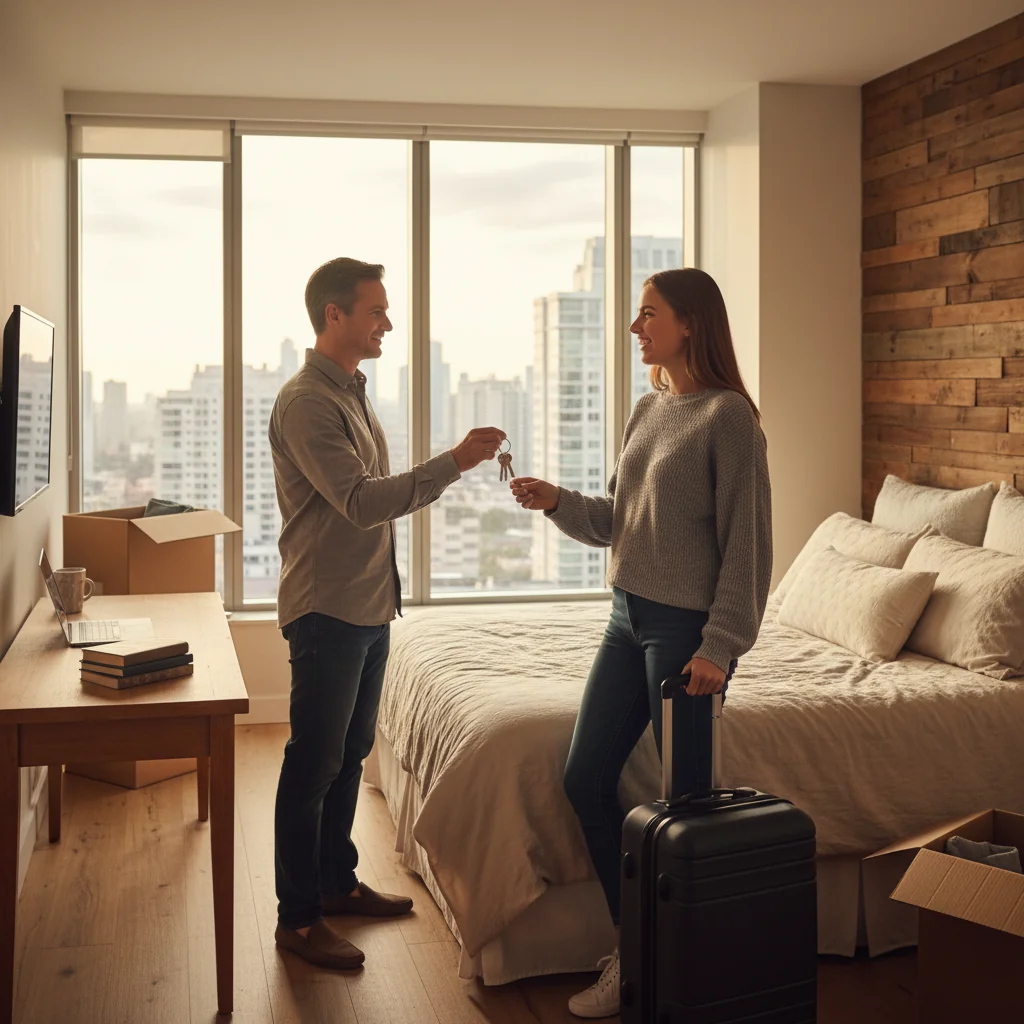 A photorealistic image depicting two adults in a modern rented room, one handing over keys to the other, symbolizing the start of a room rental agreement, with elements like a bed, window, and personal belongings to represent rights and obligations in room leasing, no children present.
