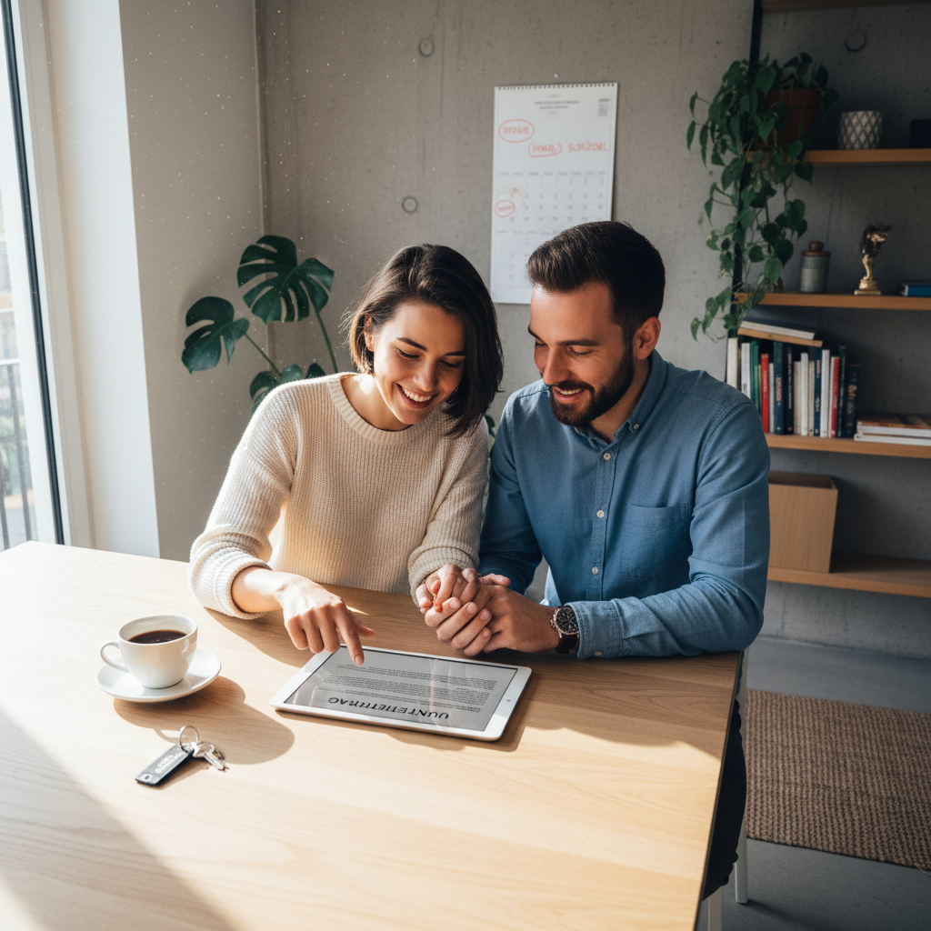 A photorealistic image depicting a young adult professional couple in a modern German apartment, reviewing a sublease agreement on a tablet, with subtle elements like a calendar and keys on the table, symbolizing the process of subletting in Germany. The scene conveys trust and preparation without focusing on the document itself.