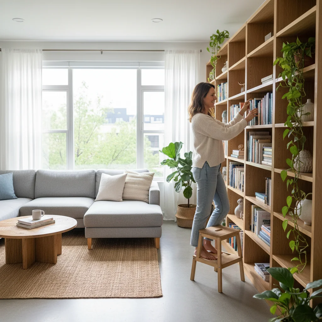 A photorealistic image of an adult tenant happily settling into a cozy, modern apartment rented from a landlord, symbolizing a smooth housing occupancy agreement. The scene shows the tenant unpacking boxes in a sunlit living room with warm furniture and plants, evoking security and comfort in rental living. No children or legal documents visible.