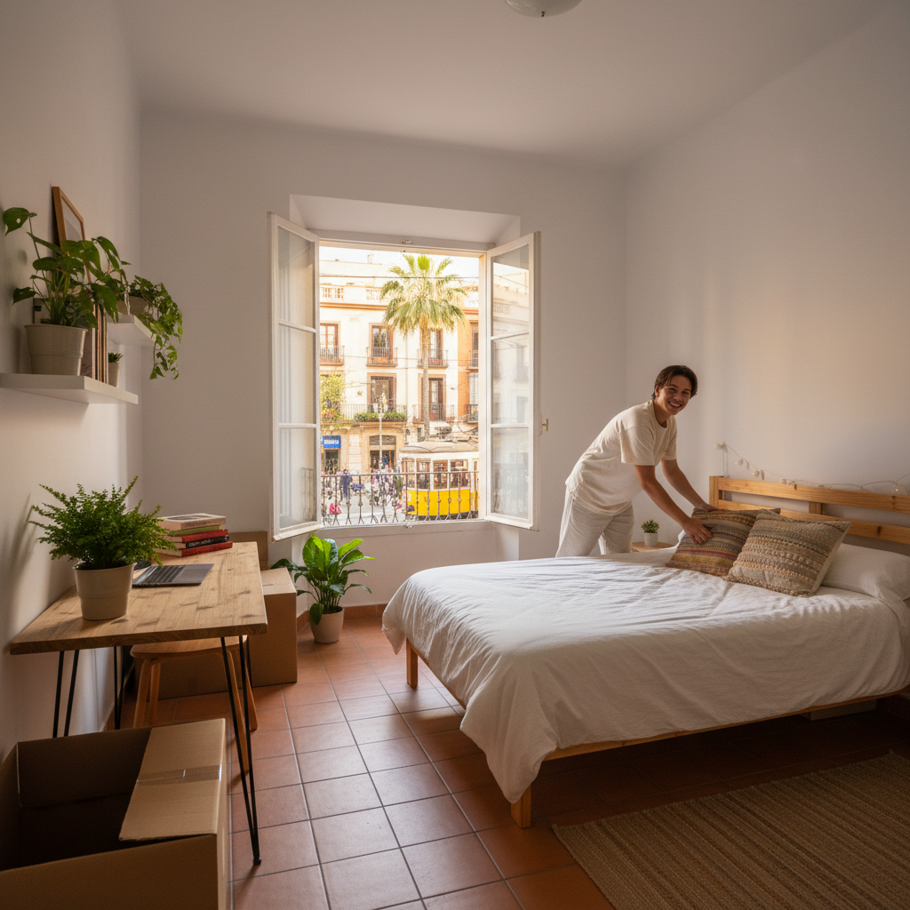 A photorealistic image of a young adult tenant happily moving into a cozy, modern rented room in Spain, with warm sunlight streaming through the window, showing unpacked boxes, a bed, and personal belongings on shelves, evoking a sense of new beginnings and comfortable living, set against a subtle Spanish architectural background.