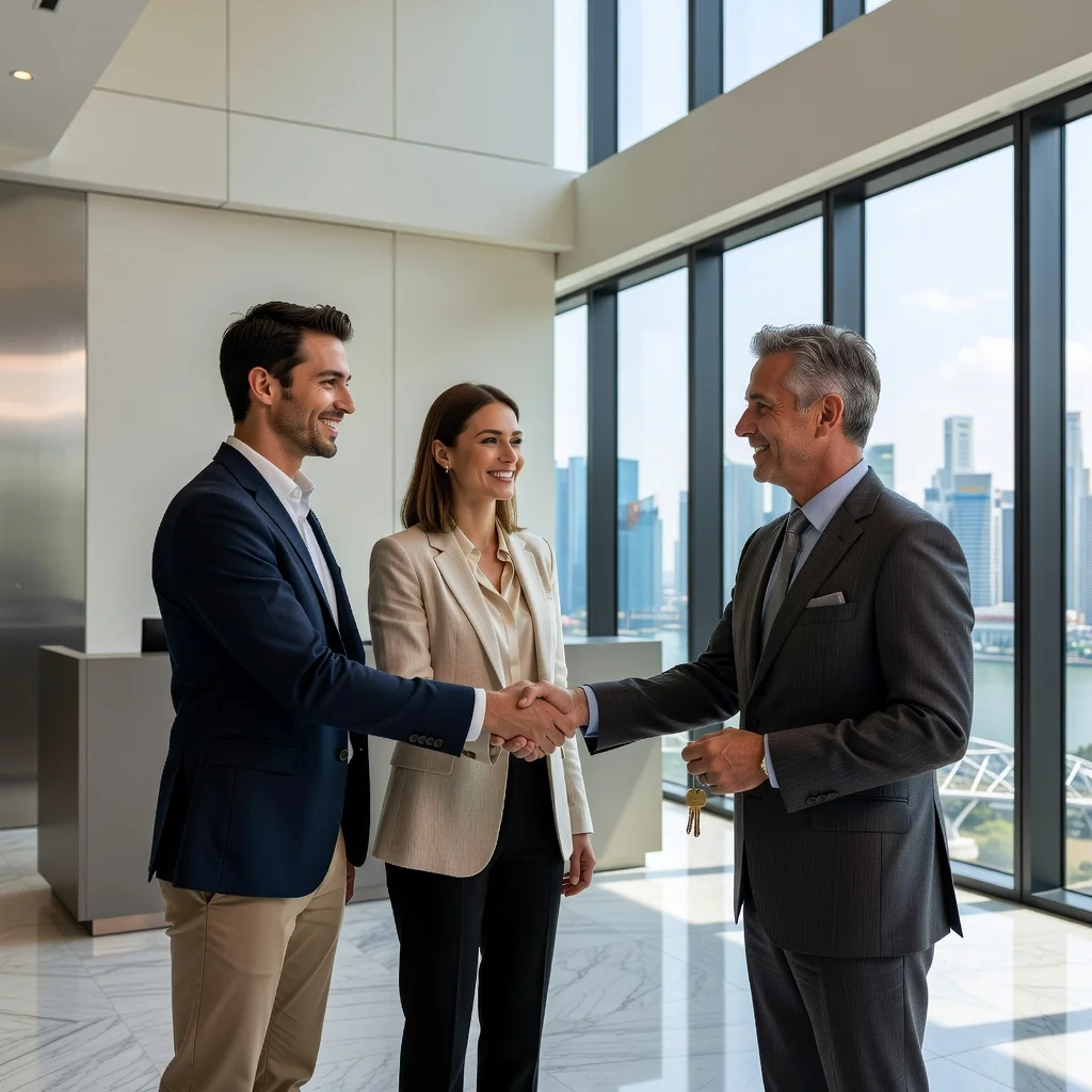 A photorealistic image of two young adults, a man and a woman in their late 20s, smiling and shaking hands with a middle-aged real estate agent in a modern Singapore condominium lobby. They are dressed in casual business attire, holding a set of keys, symbolizing the signing of a tenancy agreement and moving into a new home. The background shows clean, contemporary apartment interiors with Singapore skyline views through large windows. No children are present in the image.