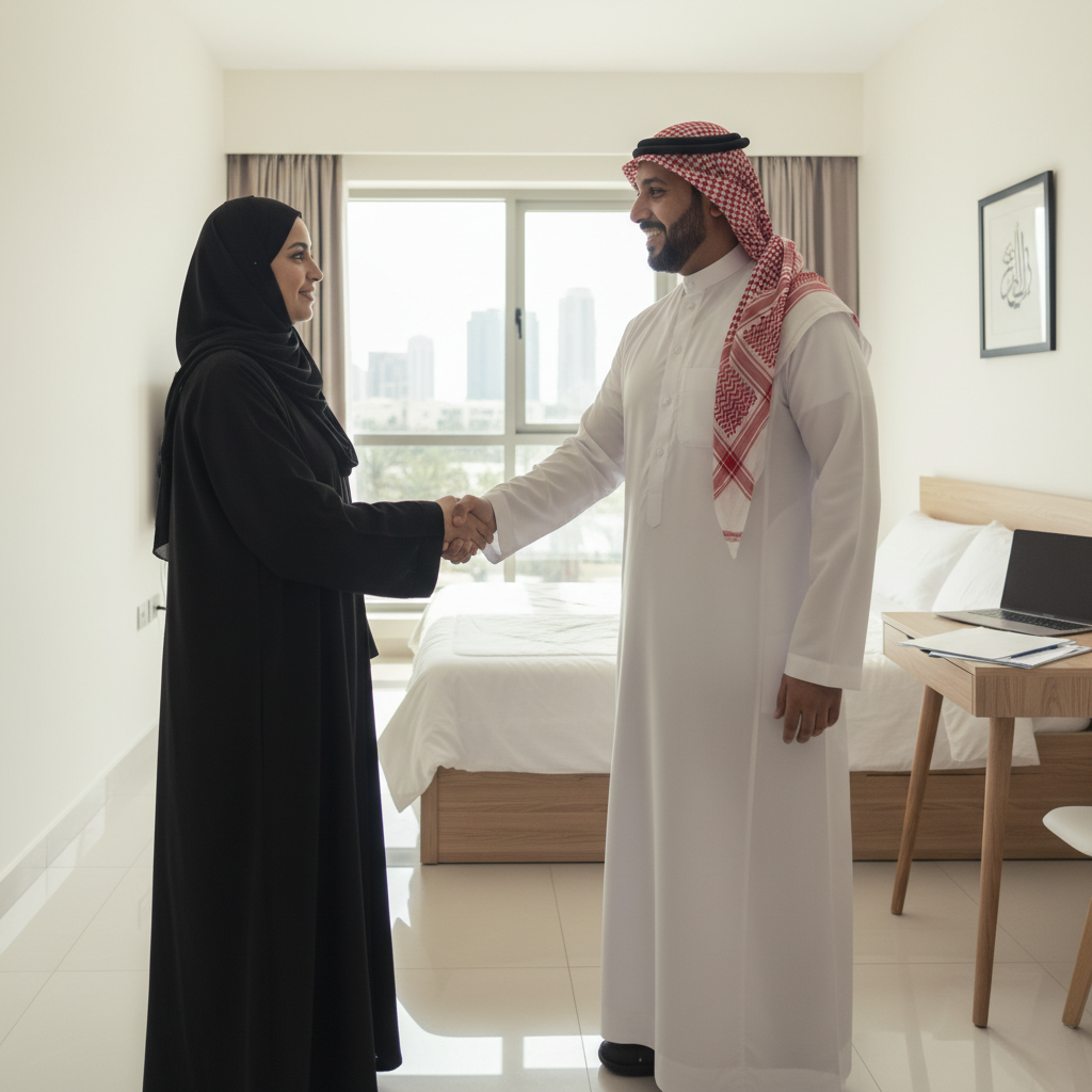 A photorealistic image depicting a professional landlord and tenant in Saudi Arabia shaking hands in a modern rented room, symbolizing a fair rental agreement, with subtle Saudi cultural elements like traditional attire or architecture in the background, no children present.