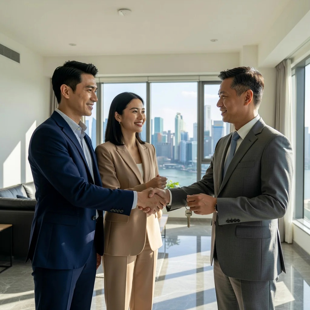 A photorealistic image of a young adult professional couple in a modern Singapore apartment, smiling as they shake hands with a real estate agent, symbolizing the excitement of entering a new tenancy agreement in Singapore.