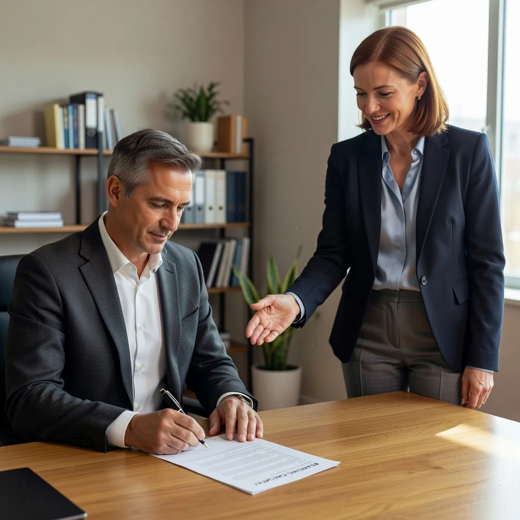 A photorealistic image depicting a professional adult signing a boarding agreement in a modern office setting, symbolizing the purpose of a dorm agreement or hostel contract, with elements like a handshake between two adults or a welcoming dormitory environment in the background, ensuring no children are present.