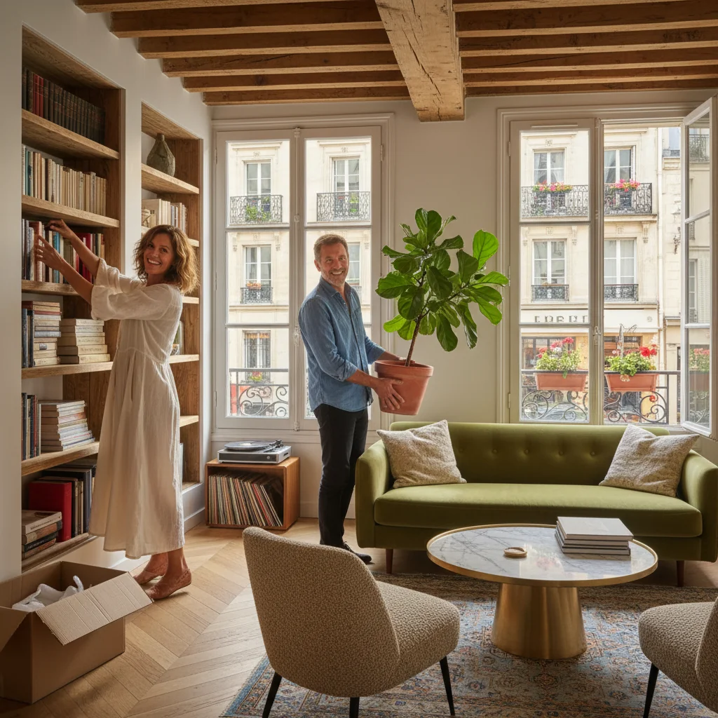A photorealistic image of a middle-aged French couple happily moving into a cozy apartment in France, unpacking boxes and arranging furniture in a sunlit living room, symbolizing the agreement between landlord and owner for housing occupancy, with French architectural elements like large windows and parquet floors in the background. No children present.