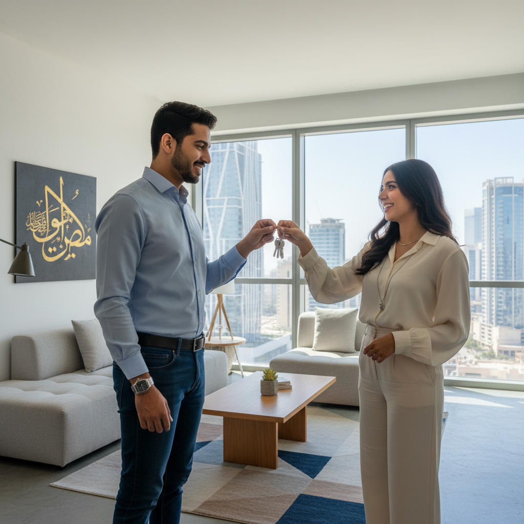A photorealistic image depicting a young adult professional couple in a modern, clean apartment in Saudi Arabia, one handing keys to the other as they stand in a well-lit living room with subtle Saudi cultural elements like Arabic decor in the background, symbolizing the start of a room rental agreement.