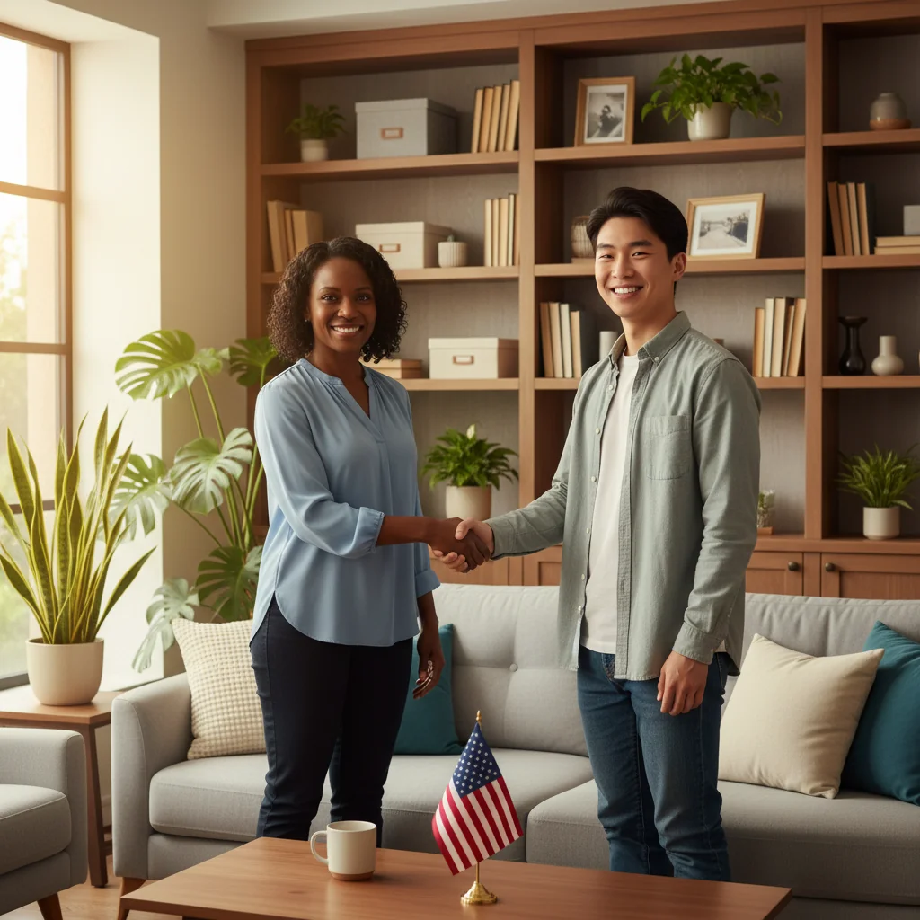 A welcoming home interior scene featuring a friendly landlord and a tenant shaking hands in a cozy living room, symbolizing trust and agreement in a lodger arrangement, with subtle American flag elements in the background to evoke US legal context, warm lighting, realistic style.