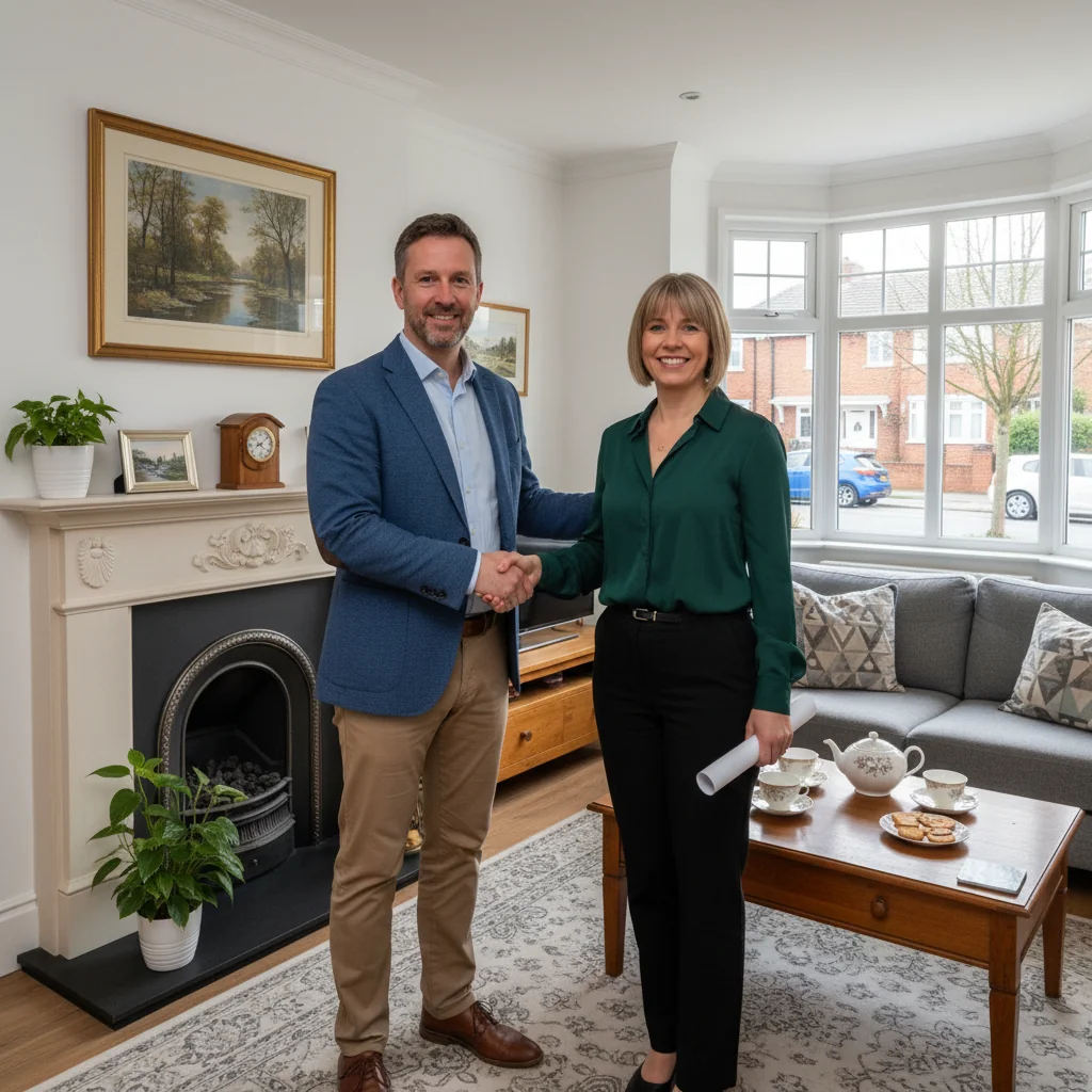 A photorealistic image depicting a welcoming home sharing scenario in the UK, showing an adult landlord and an adult lodger shaking hands in a cozy living room with British decor, symbolizing the agreement for lodging without focusing on any documents.