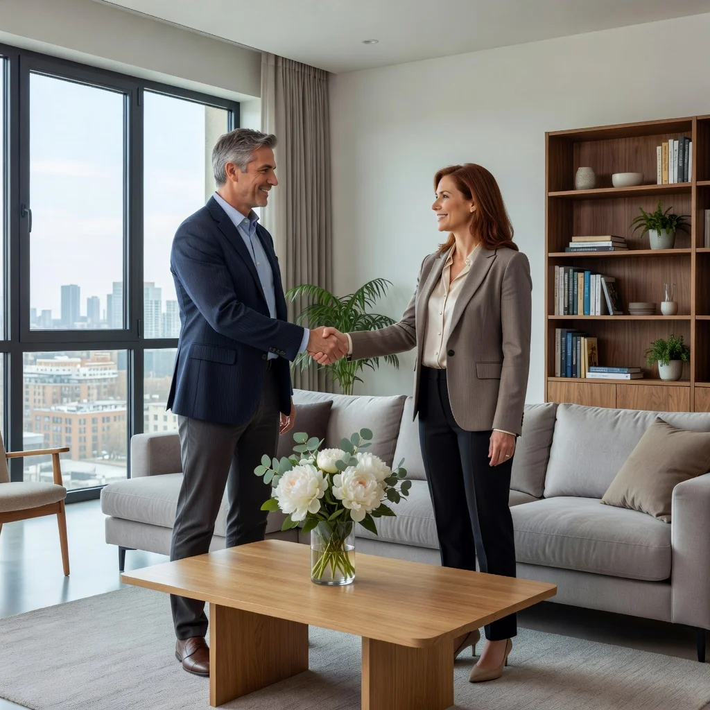 A photorealistic image of two adults, a landlord and a tenant, shaking hands in a modern, well-lit apartment living room, symbolizing the agreement of a lease contract with loan for use, conveying trust and agreement without showing any legal documents.
