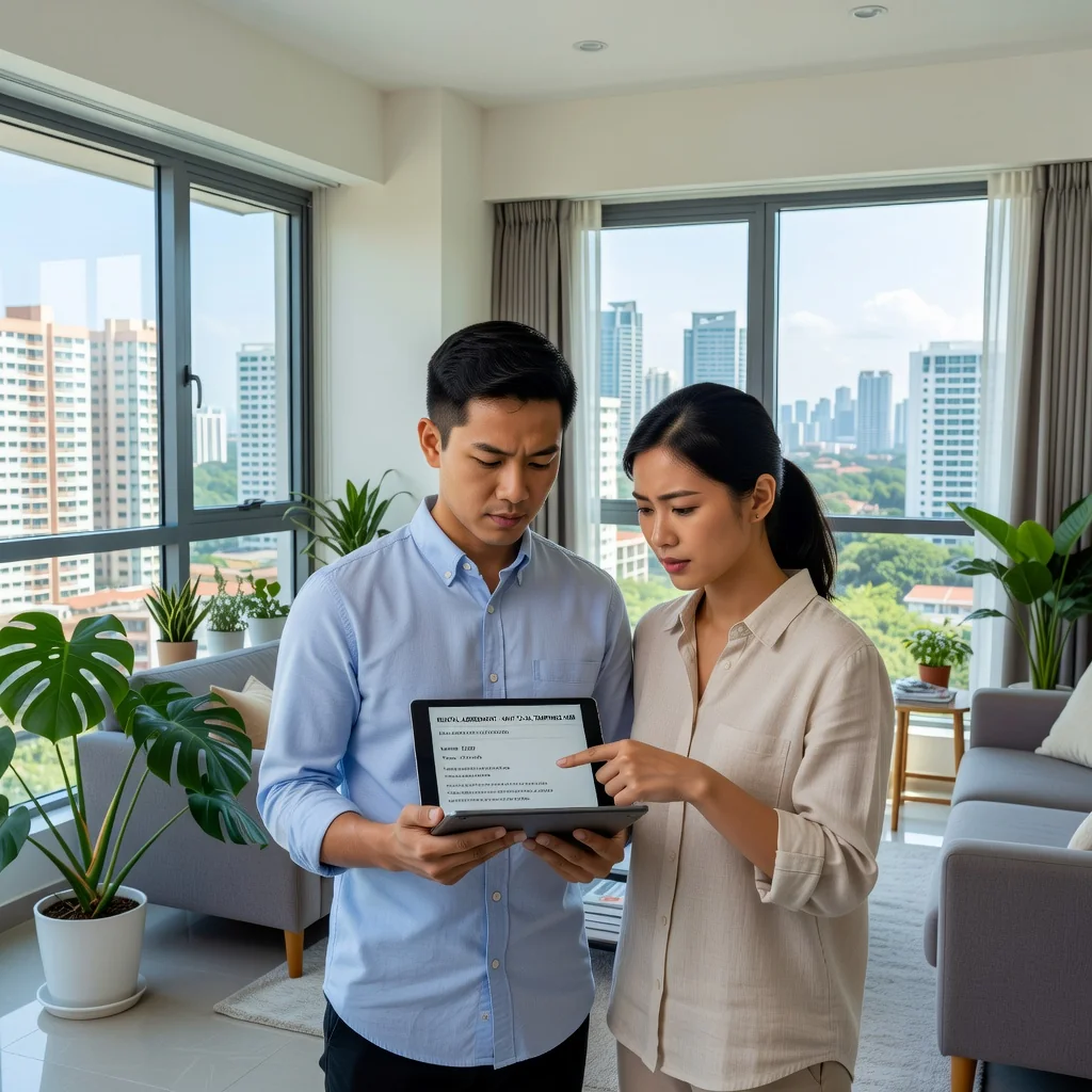 A photorealistic image of a young adult couple in a modern Singapore apartment, looking concerned while reviewing a rental agreement on a tablet, with city skyline visible through the window, emphasizing common pitfalls in renting without showing the document details.
