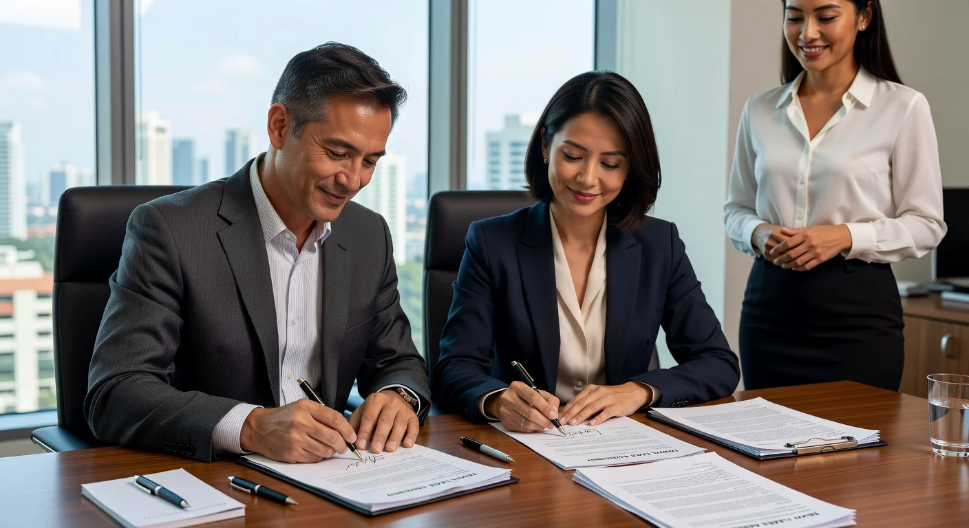 Couple signing lease agreement