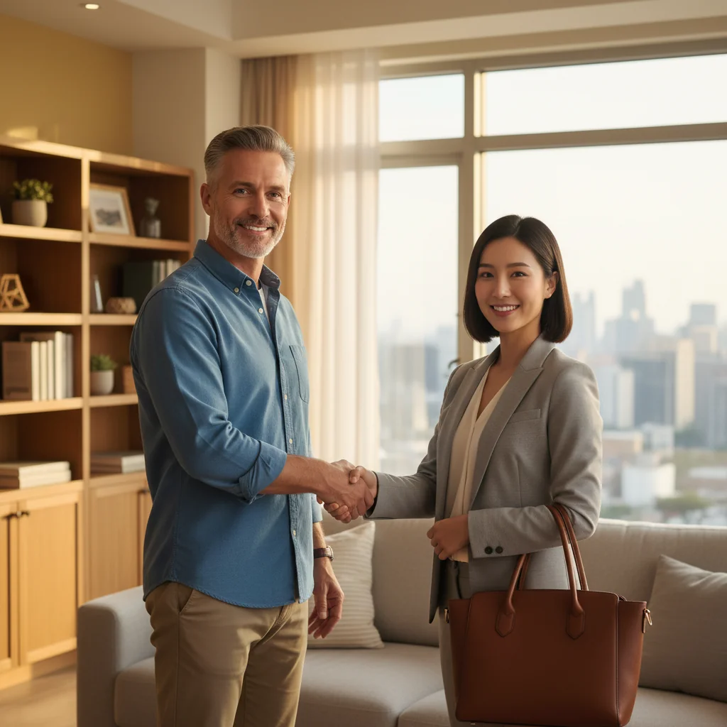 A welcoming image of a US landlord and a friendly lodger shaking hands in a cozy home setting, symbolizing a successful rental agreement and shared living space, with warm lighting and homey elements like furniture and windows in the background.