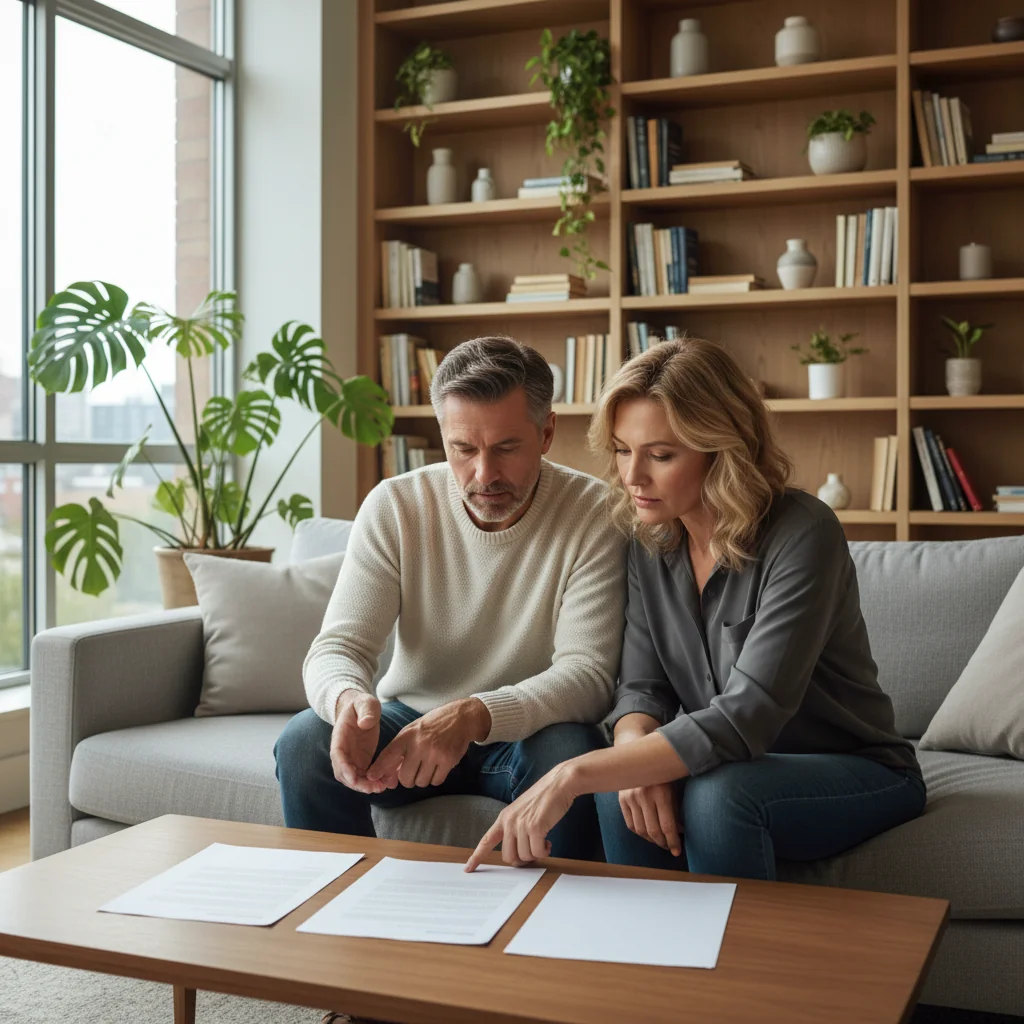 A photorealistic image depicting a middle-aged couple sitting together in a cozy, modern living room, reviewing papers on a coffee table that represent a housing occupancy agreement, with subtle expressions of contemplation about the pros and cons, warm lighting, no children present.