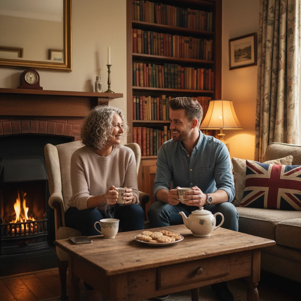 A photorealistic image depicting a harmonious living arrangement between an adult landlord and an adult lodger in a cozy UK home. The scene shows the landlord, a middle-aged woman, and the lodger, a young adult man, sharing a friendly conversation over tea in a warmly lit living room with typical British decor like a fireplace and bookshelves, symbolizing trust, rights, and responsibilities in their agreement. No children are present. The image is photorealistic, not a graphic or drawing.