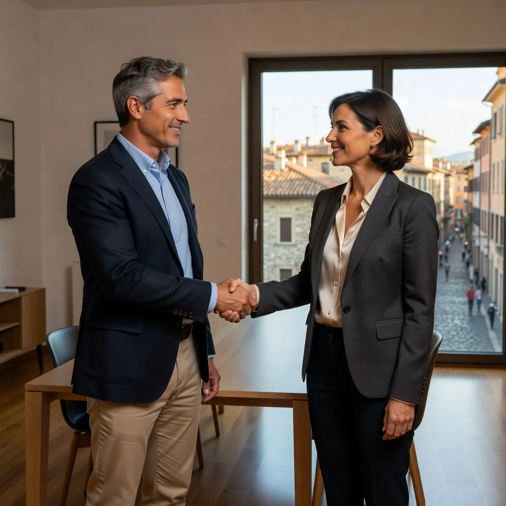 A photorealistic image depicting a professional landlord and tenant shaking hands in a modern Italian apartment, symbolizing the agreement of a lease contract with loan for use, with subtle Italian architectural elements in the background like terracotta roofs or a balcony overlooking a cityscape, conveying trust and property rental in Italy. No children are present in the image.