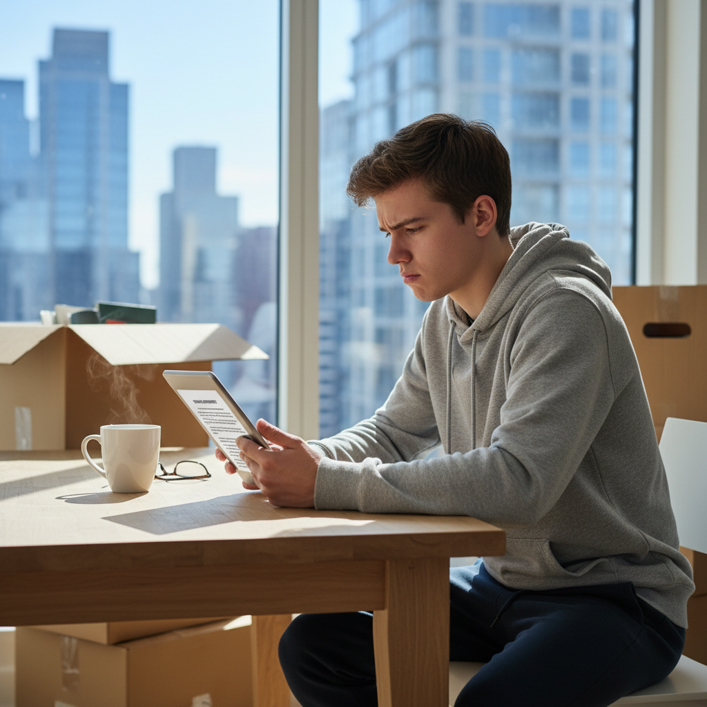 A photorealistic image depicting a young adult tenant in a modern urban apartment, carefully reviewing a lease agreement on a tablet while sitting at a kitchen table with a concerned expression, surrounded by subtle elements like moving boxes and a window view of a cityscape, symbolizing the process of subletting and avoiding common pitfalls in sublease agreements.