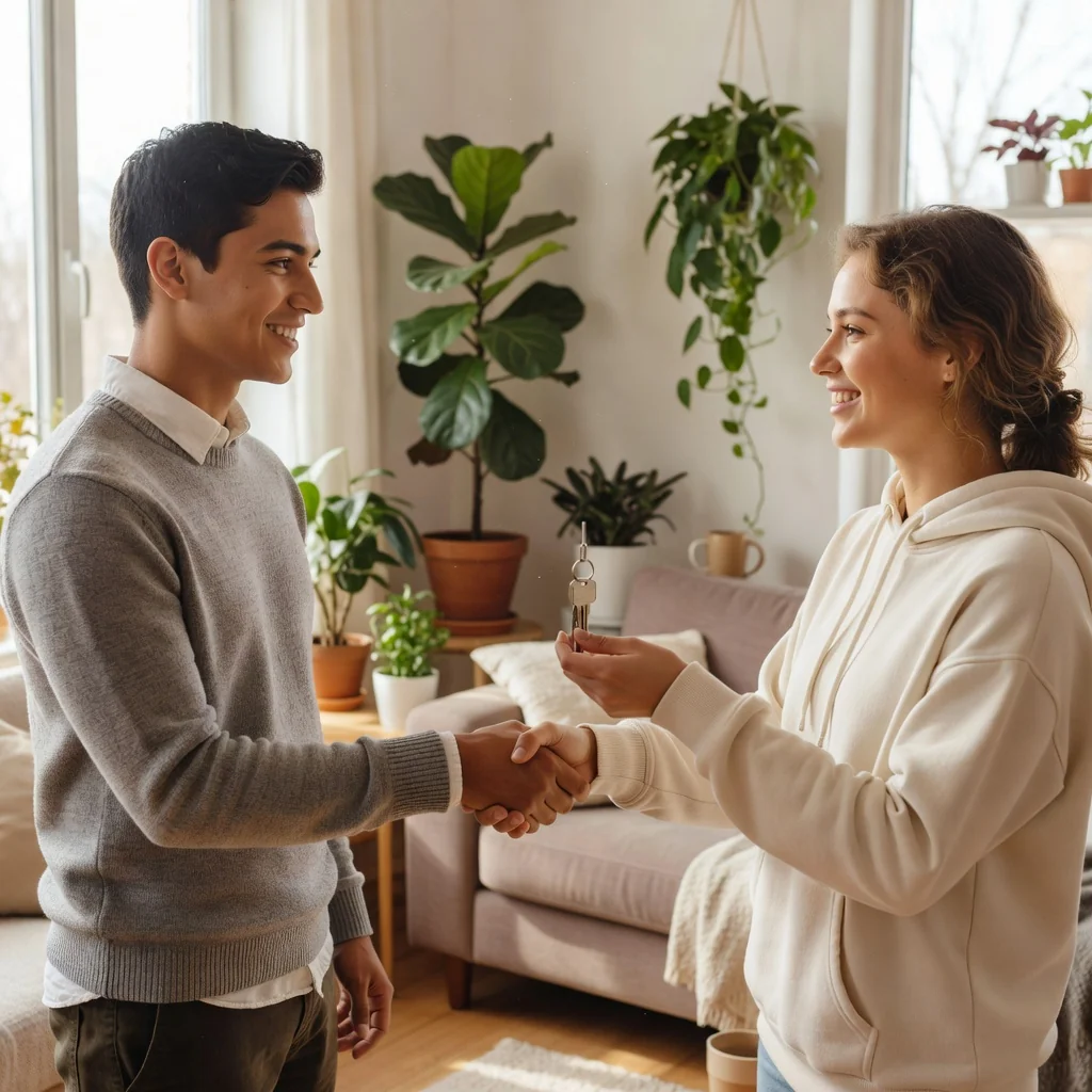 A photorealistic image of two young adults in a modern, cozy shared apartment, one handing a set of keys to the other while they shake hands, symbolizing the agreement for renting a room, with warm lighting and comfortable furnishings in the background, no children present.
