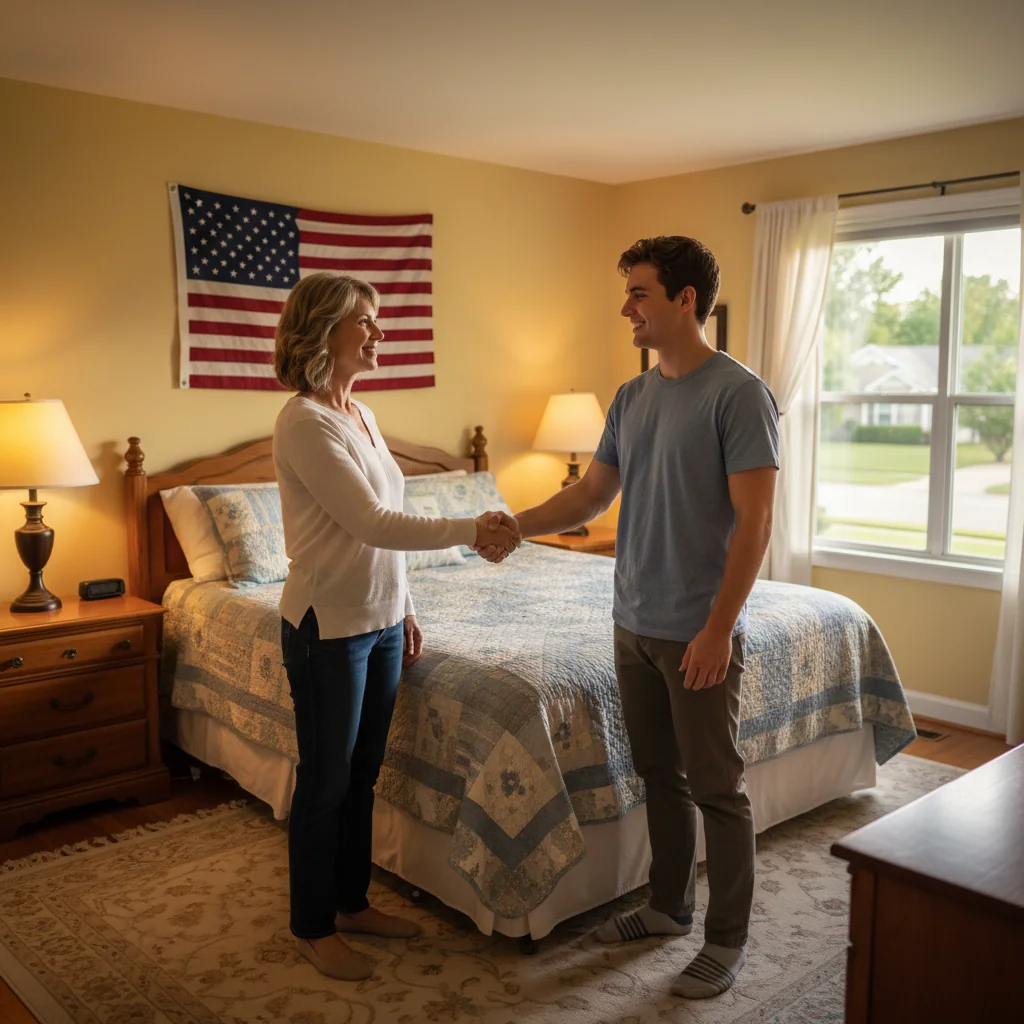 A welcoming and professional illustration of a landlord and a lodger shaking hands in a cozy, modern rented room, symbolizing a harmonious lodging agreement in the US, with elements like a house key and a subtle American flag in the background to evoke trust and domestic partnership.