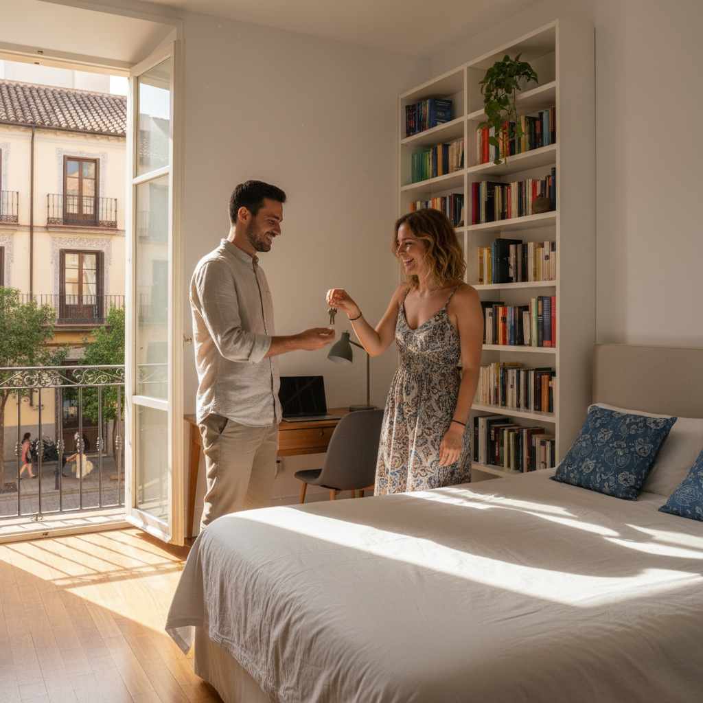 A photorealistic image of two young adults in a modern, cozy rented room in Spain, one handing keys to the other, symbolizing the start of a room rental agreement, with subtle Spanish elements like a window view of a cityscape, no legal documents visible, no children present.