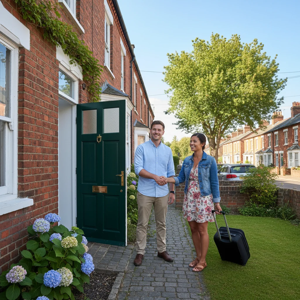 A photorealistic image of a friendly adult lodger moving into a cozy UK home, sharing a welcoming handshake with the homeowner at the front door, symbolizing the agreement for renting a room.