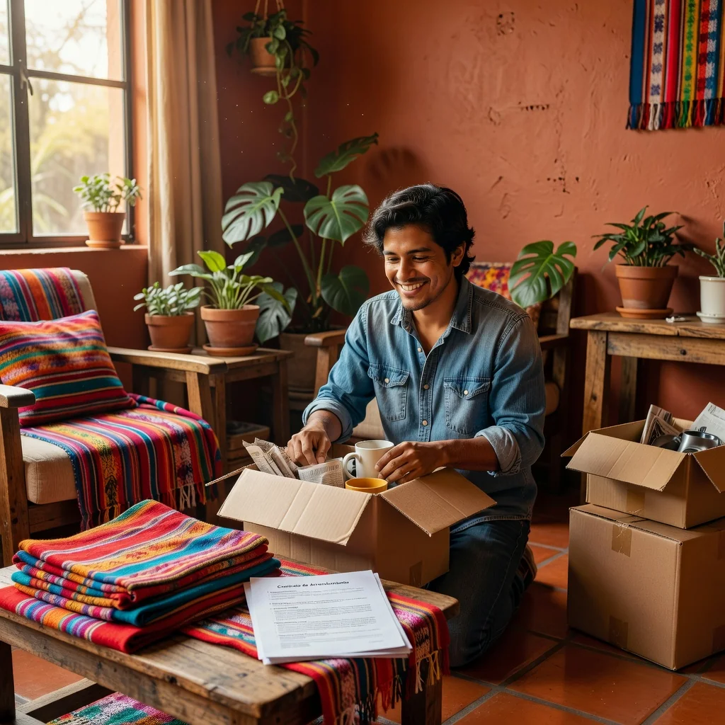 A photorealistic image depicting a young adult tenant happily moving into a cozy Mexican apartment, unpacking boxes in a bright living room with traditional Mexican decor like colorful serapes and pottery, symbolizing the rights and obligations of a rental agreement in Mexico, with no children present.