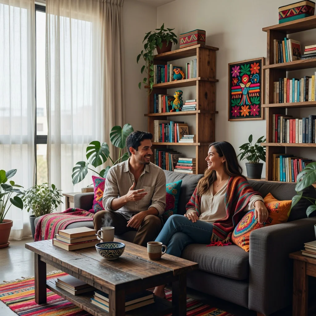 A photorealistic image depicting a welcoming shared living space in a modern Mexican apartment, featuring two young adults relaxing on a comfortable sofa, with one reading a book and the other using a laptop, surrounded by houseplants and warm lighting to evoke a sense of comfortable cohabitation and agreement between roommates, no children present.