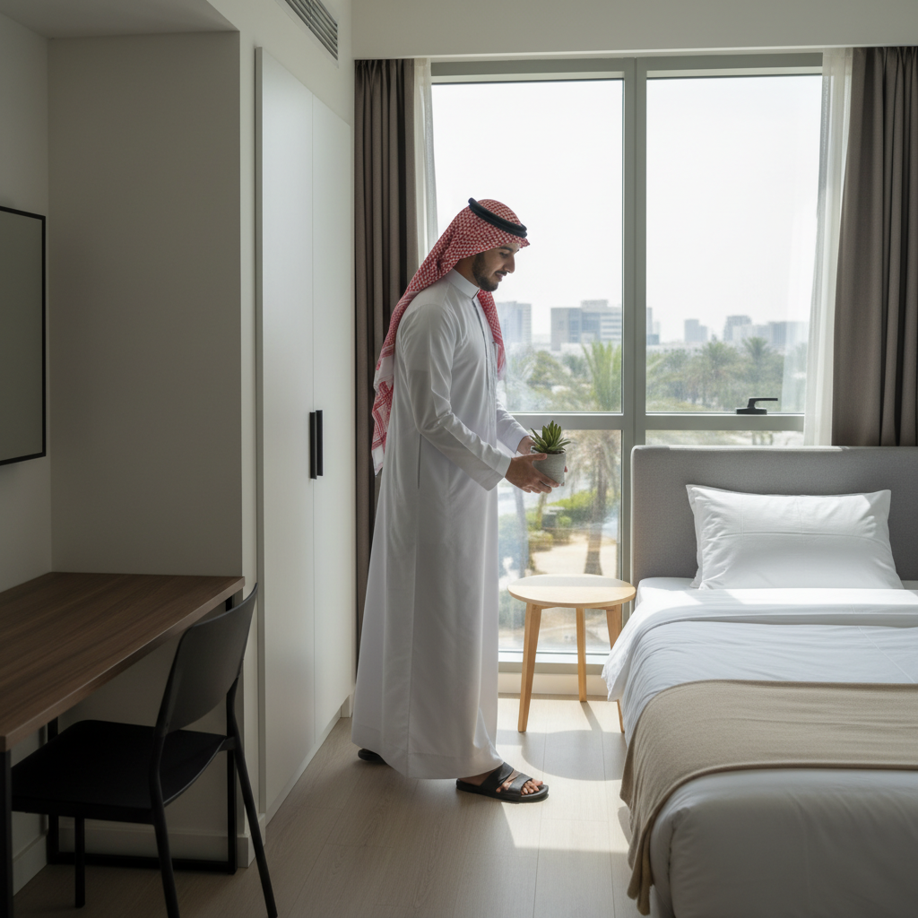 A photorealistic image of an adult tenant moving into a cozy, modern furnished room in a residential building in Saudi Arabia, symbolizing the start of a room rental agreement. The scene shows the tenant unpacking a suitcase with personal belongings, placing items on a bed or shelf, with warm natural light filtering through a window overlooking a typical Saudi urban neighborhood. No legal documents or text are visible. The image must never include children and must be strictly photorealistic, not a graphic, drawing, or illustration.