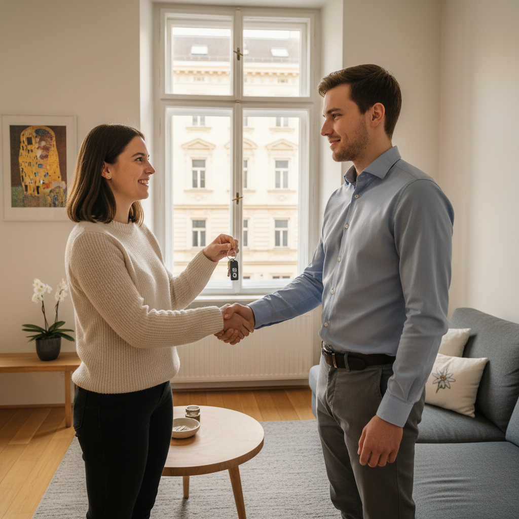 A photorealistic image of two young adults shaking hands in a modern Austrian apartment, symbolizing the agreement of a sublease contract, with subtle Austrian elements like a window view of Vienna architecture in the background, conveying trust and legal partnership in renting.