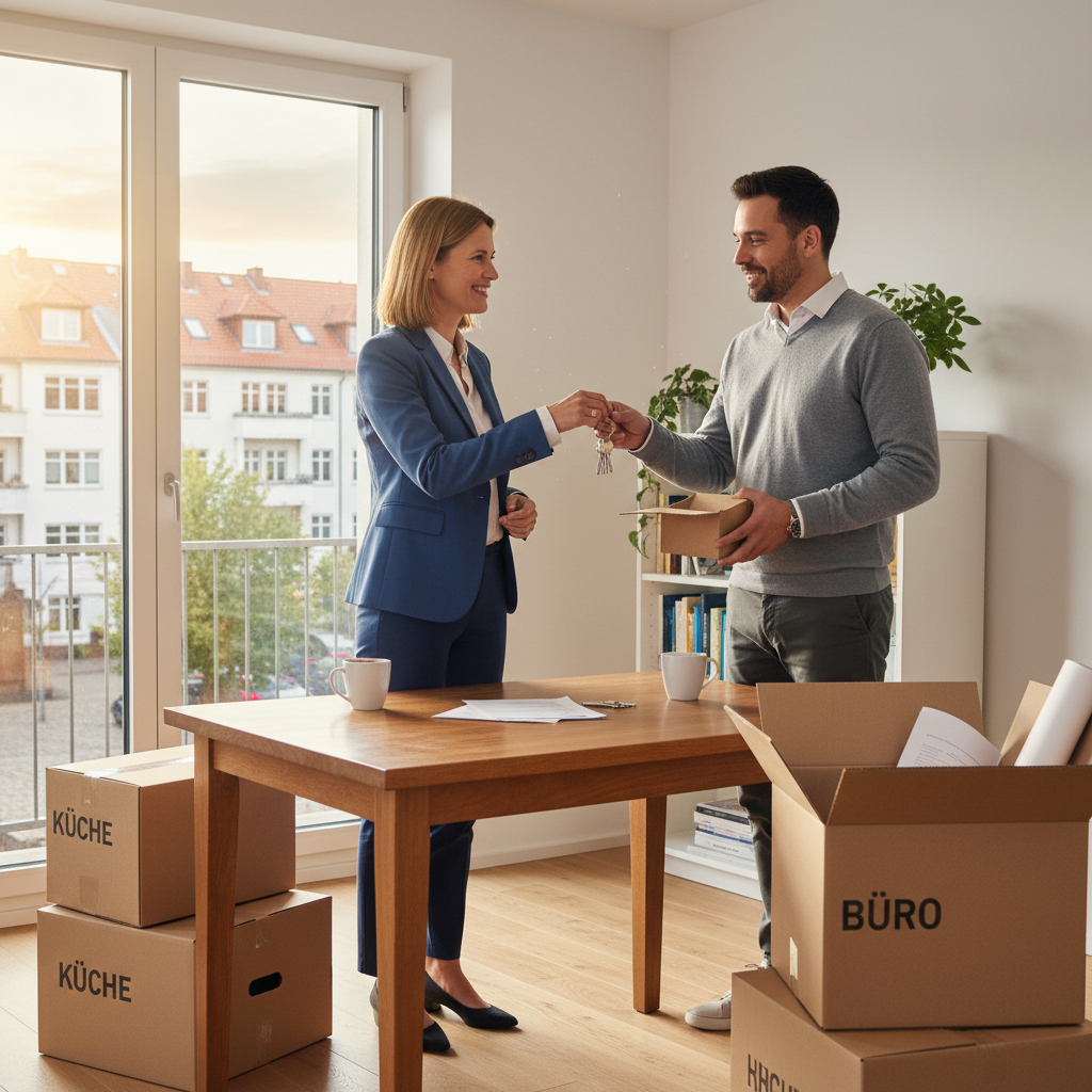 A photorealistic image depicting a professional adult tenant in a modern German apartment, handing keys to a subtenant during a friendly meeting, symbolizing the subletting agreement process, with subtle German urban background elements like a balcony view of a city street, no children present.