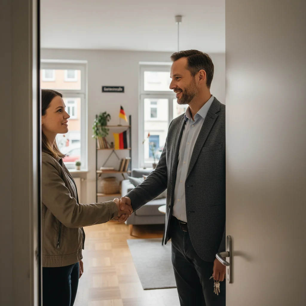 A photorealistic image depicting a professional adult tenant handing over keys to a subtenant in a modern German apartment setting, symbolizing the subletting agreement process without showing any documents.