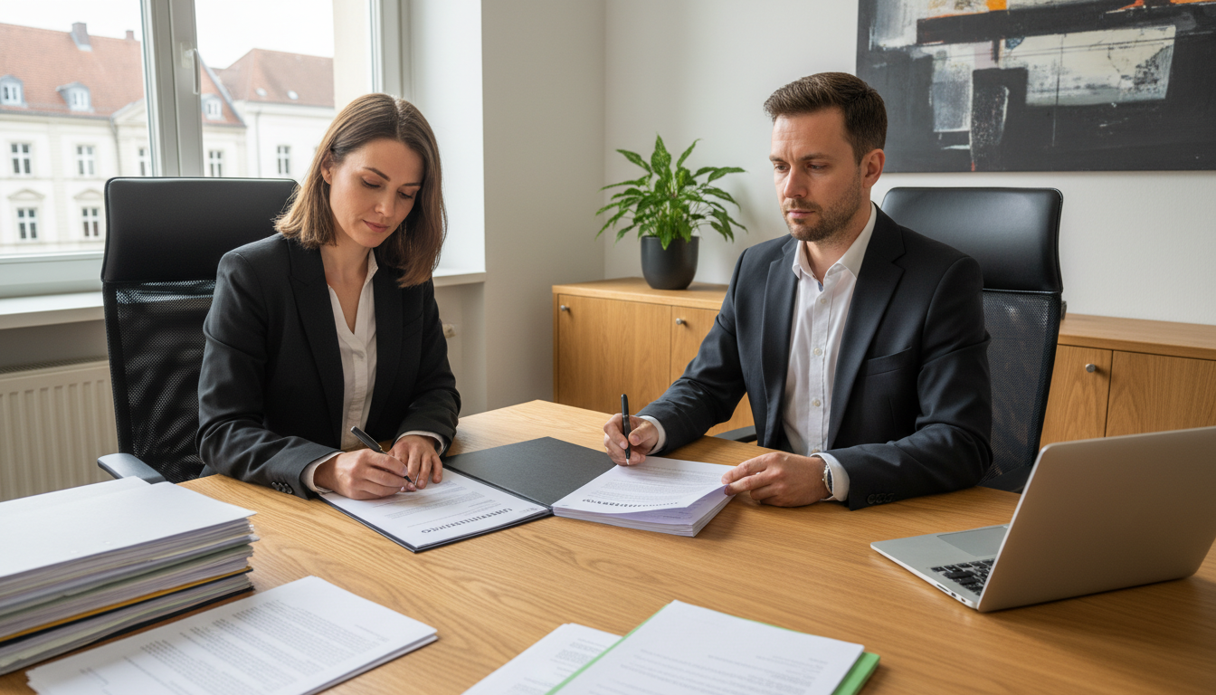German rental contract signing.
