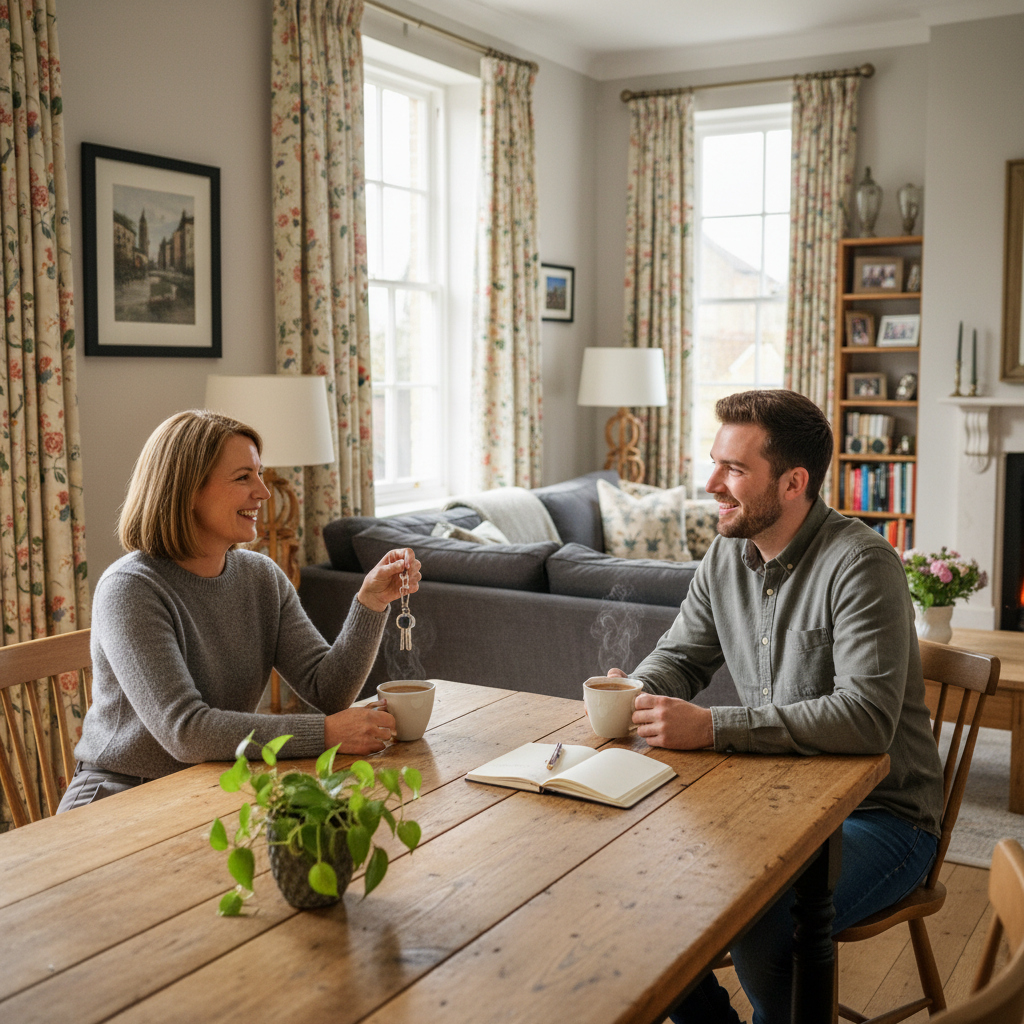 A photorealistic image of a welcoming and comfortable shared living space in a modern UK home, featuring an adult landlord and an adult lodger engaging in a friendly conversation over tea at a kitchen table, symbolizing the harmonious rental agreement between them, with warm lighting and cozy home decor in the background.