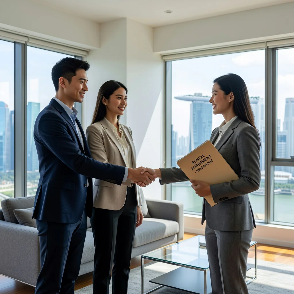 A photorealistic image of a young adult couple in a modern Singapore apartment, smiling as they shake hands with a real estate agent, symbolizing the start of a new tenancy agreement, with subtle Singapore skyline visible through the window.