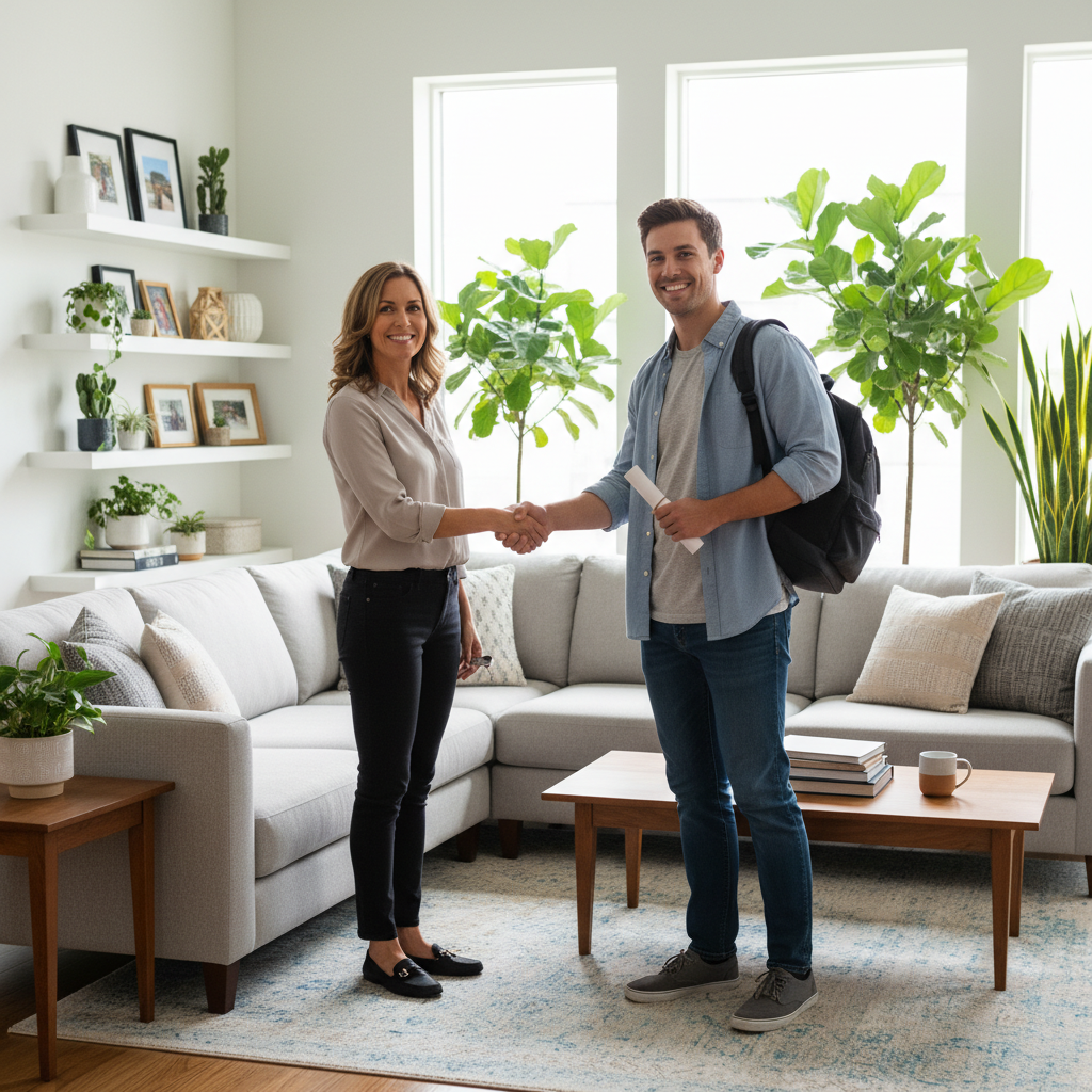 A photorealistic image depicting a welcoming home-sharing scenario for adults, such as an adult landlord and adult lodger shaking hands in a cozy living room, symbolizing a lodger agreement without showing any legal documents.