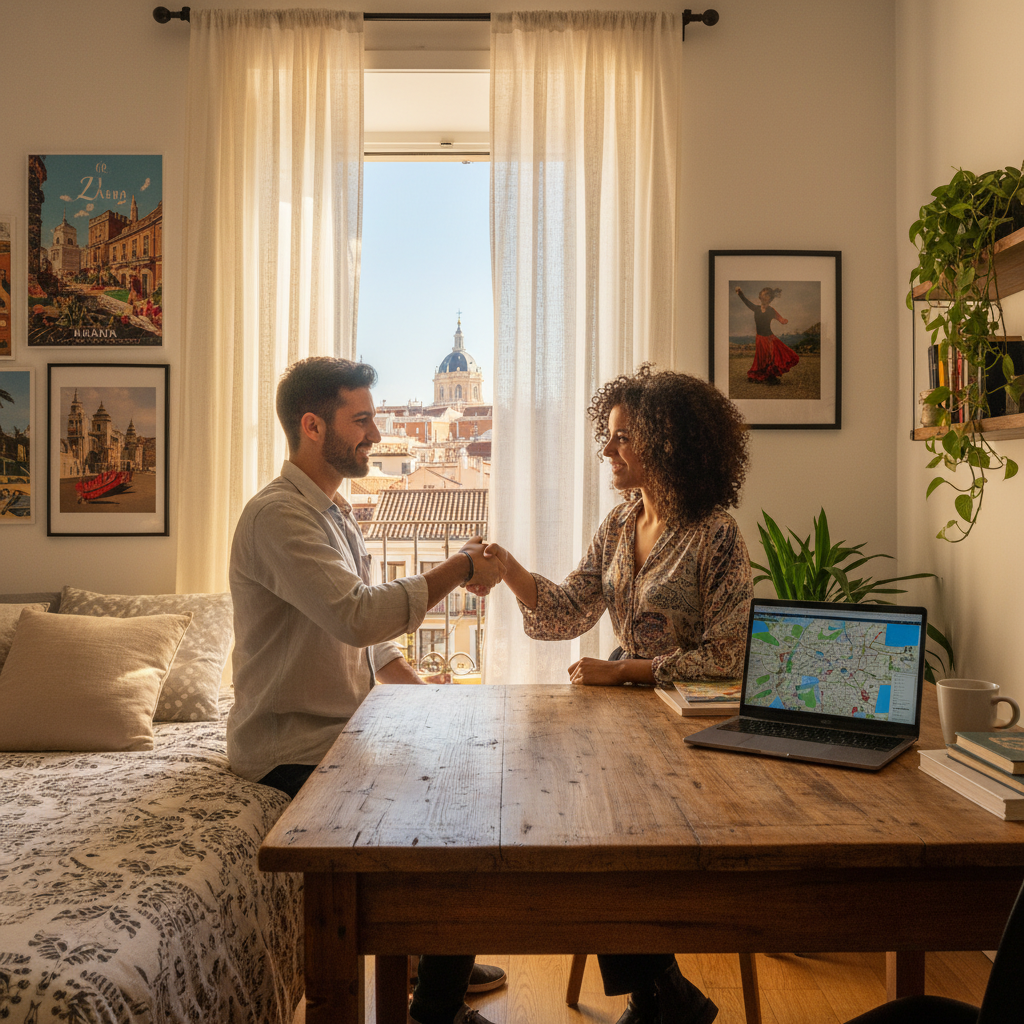 A photorealistic image of two young adults shaking hands over a table in a cozy, modern rented room in Spain, with a window showing a glimpse of a sunny Spanish cityscape, symbolizing the agreement of a room rental contract. The atmosphere is warm and professional, emphasizing trust and agreement without showing any legal documents.