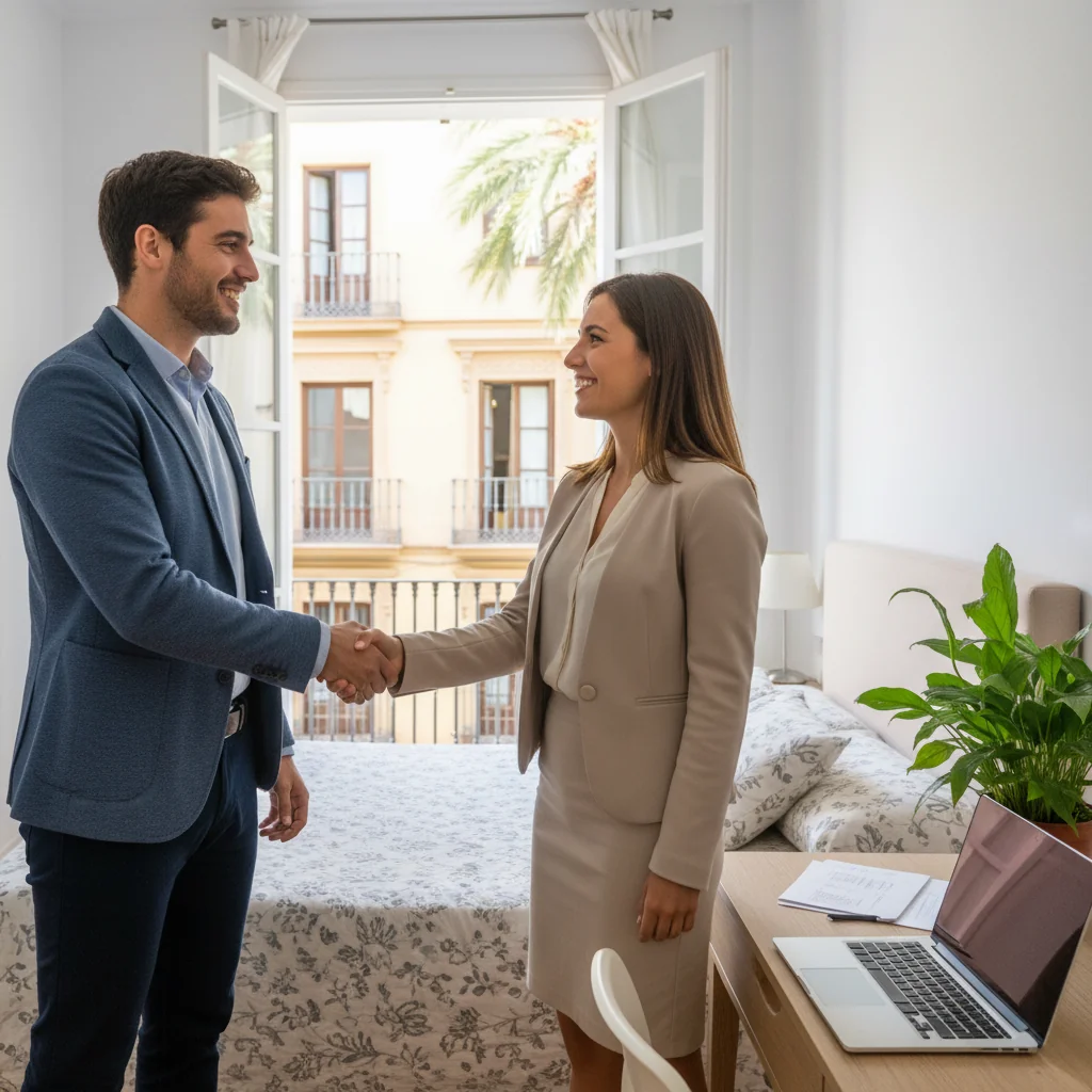 A photorealistic image of two young adults shaking hands in a modern Spanish apartment, with a cozy rented room in the background featuring a bed, desk, and window with city view, symbolizing a room rental agreement.