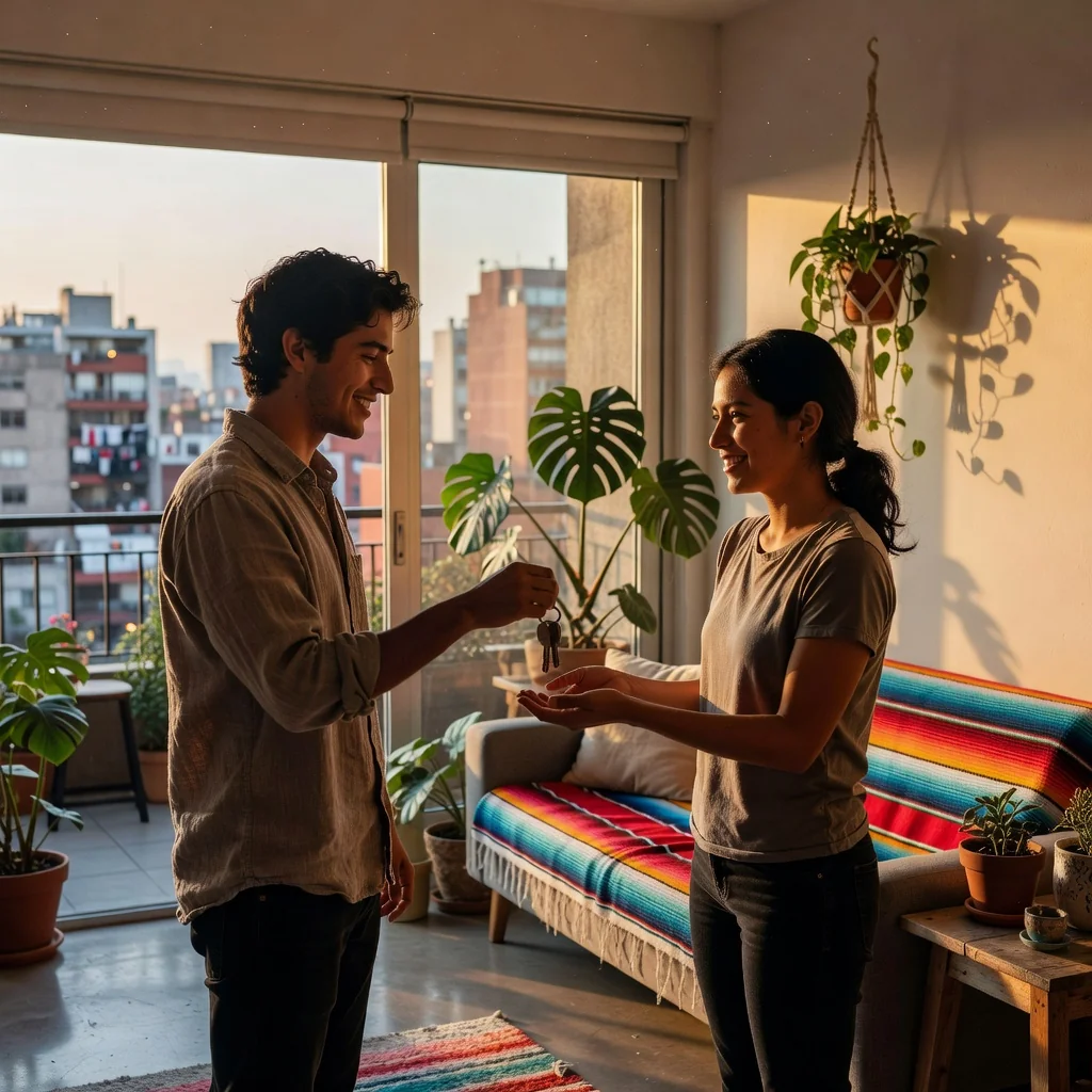 A photorealistic image of two young adults in a modern apartment in Mexico, shaking hands over a table with a view of a vibrant cityscape, symbolizing a room rental agreement.