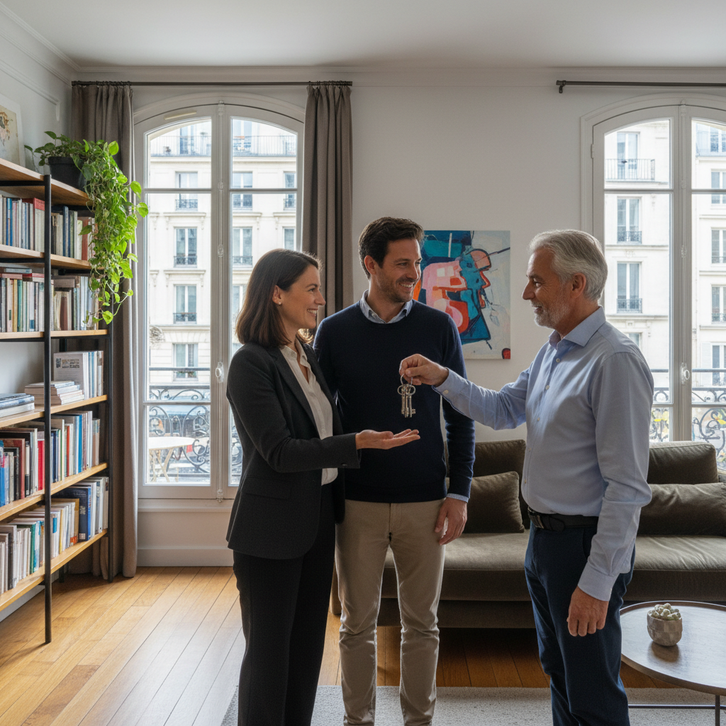 A photorealistic image of a professional adult couple in their mid-30s, standing in a modern French apartment living room, smiling happily as they receive keys from a middle-aged male landlord, symbolizing the occupancy agreement for the property. The scene captures the joy of moving into a new home, with subtle French elements like a Eiffel Tower miniature in the background. No children, no legal documents visible. The image is highly detailed, realistic photography style.