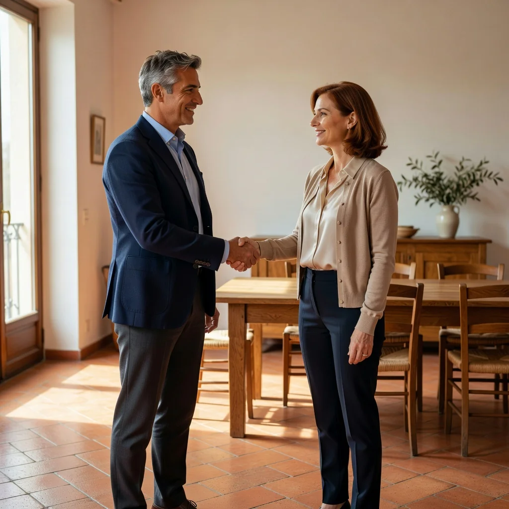 A photorealistic image depicting a professional adult landlord and tenant shaking hands in a modern Italian apartment, symbolizing a rental agreement with free use clause, warm natural light, no children present.