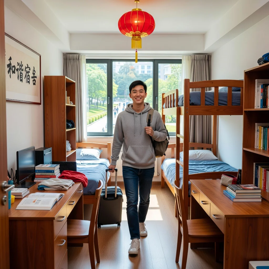 A photorealistic image representing the concept of a boarding agreement in China, showing a young adult student moving into a university dormitory, unpacking bags in a shared room with bunk beds and study desks, evoking a sense of new beginnings and accommodation arrangements, with subtle Chinese cultural elements like traditional decor in the background.