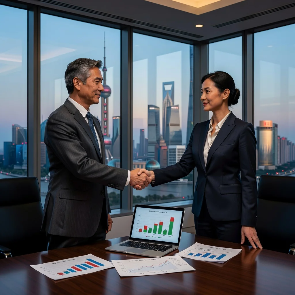A photorealistic image of two professional Chinese business executives in a modern conference room in Shanghai, shaking hands over a business deal, with city skyline visible through the window, symbolizing risk management and successful agreement in corporate transactions, no children present.