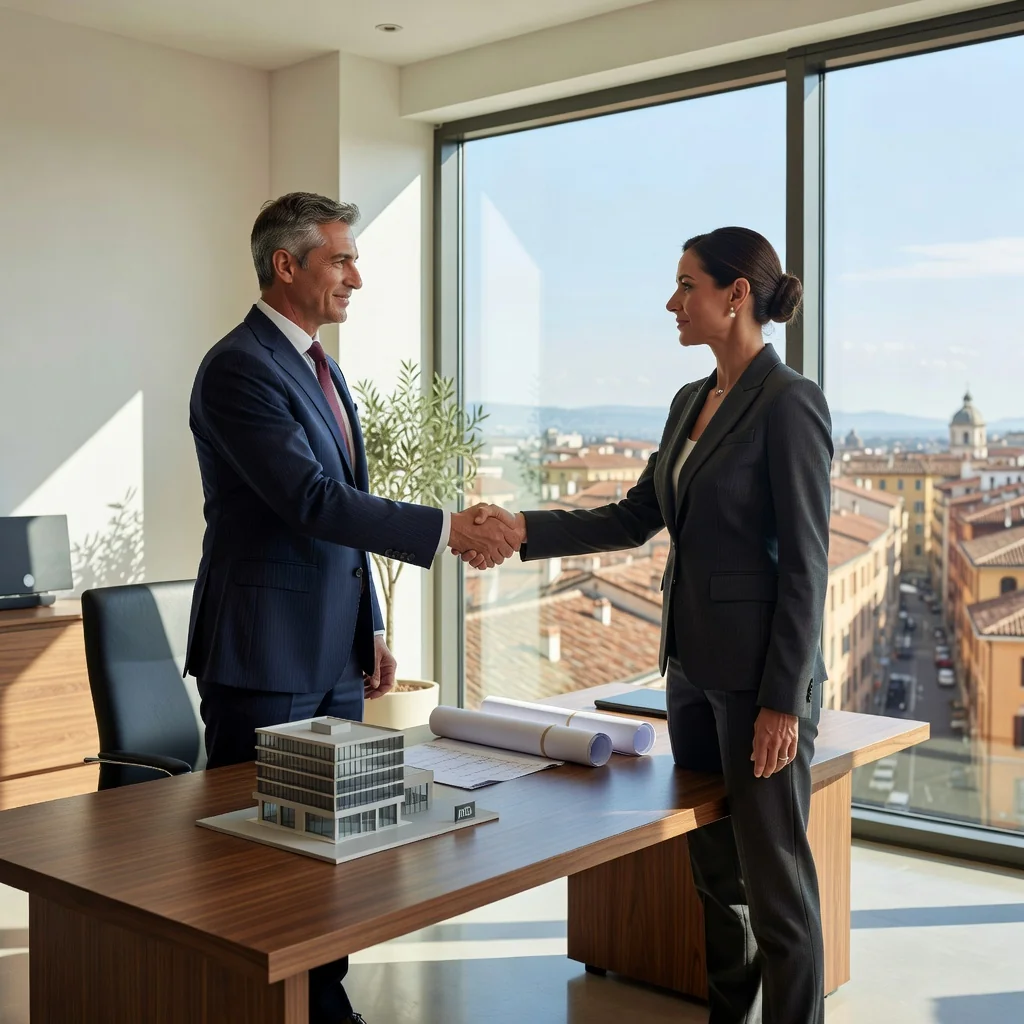 A photorealistic image depicting a professional business handover in an Italian office setting, symbolizing the transfer of a company. Show two middle-aged adults in business attire shaking hands across a desk with subtle Italian elements like a flag or map in the background, conveying trust and continuity in business ownership.