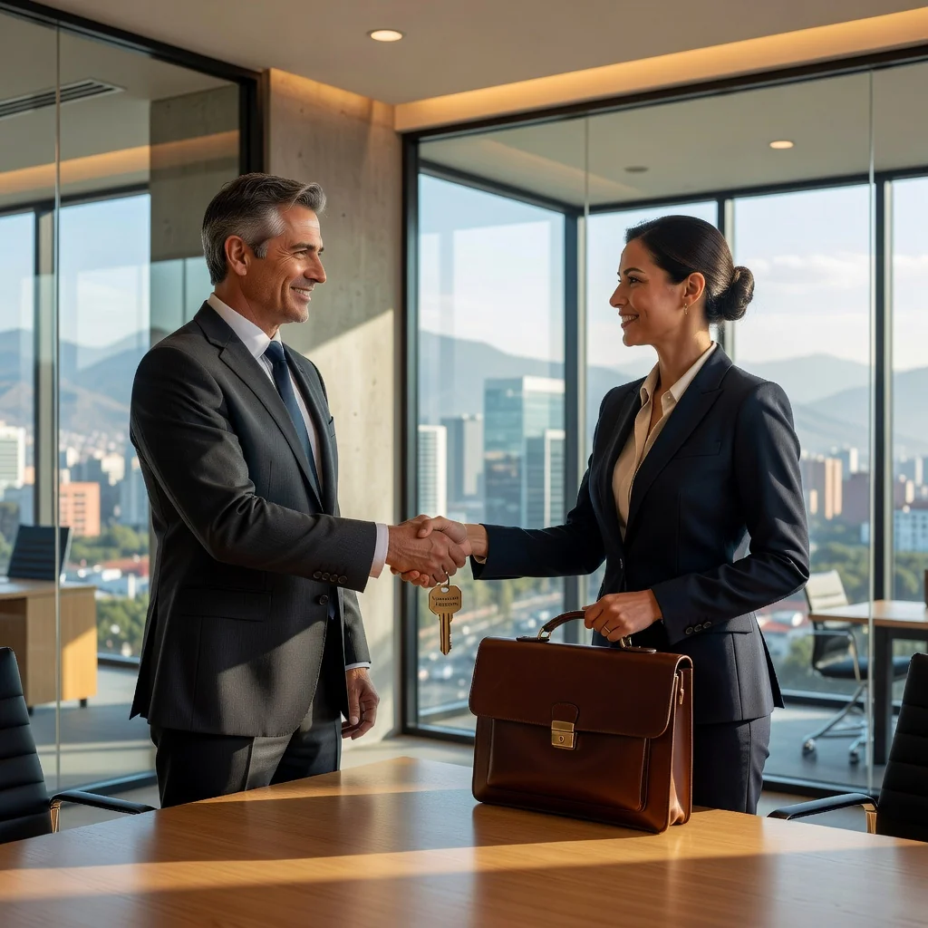 A photorealistic image depicting a professional business handshake between two middle-aged adults in a modern Mexican office setting, symbolizing the successful sale and transfer of a company, with subtle Mexican cultural elements like a flag or landscape in the background, conveying trust and partnership in a business transaction.