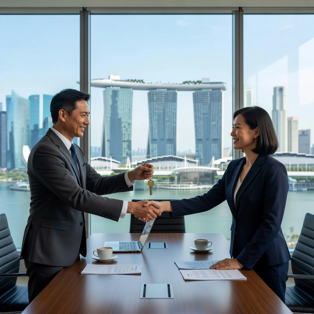 A photorealistic image of two professional adults in a modern Singapore office shaking hands over a business deal, symbolizing a successful company sale agreement. The scene includes elements like the Singapore skyline visible through large windows, with one person in business attire handing over a symbolic key or briefcase, conveying trust and partnership in business transactions. No children are present in the image.