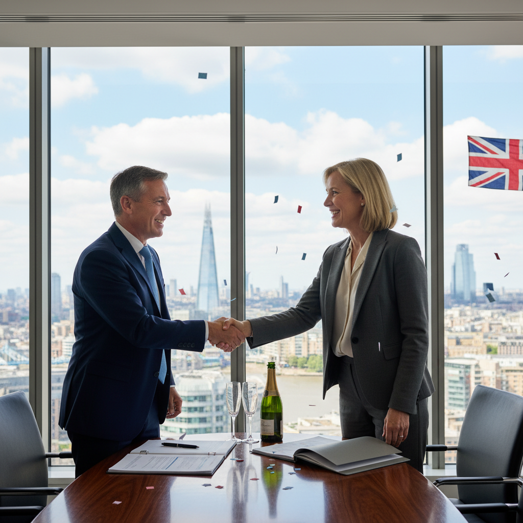 A photorealistic image of two professional adults, a buyer and a seller, shaking hands in a modern UK office setting with subtle British elements like a Union Jack flag in the background, symbolizing a successful business sale agreement. No children or legal documents visible.