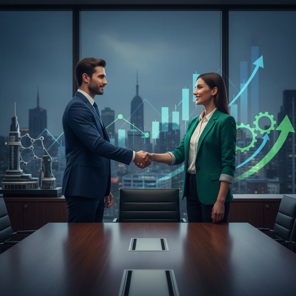 A professional business scene depicting a successful asset acquisition, such as a handshake between two executives in a modern office with charts and graphs showing company growth on the background, symbolizing the strategic transfer of business assets without focusing on legal papers.
