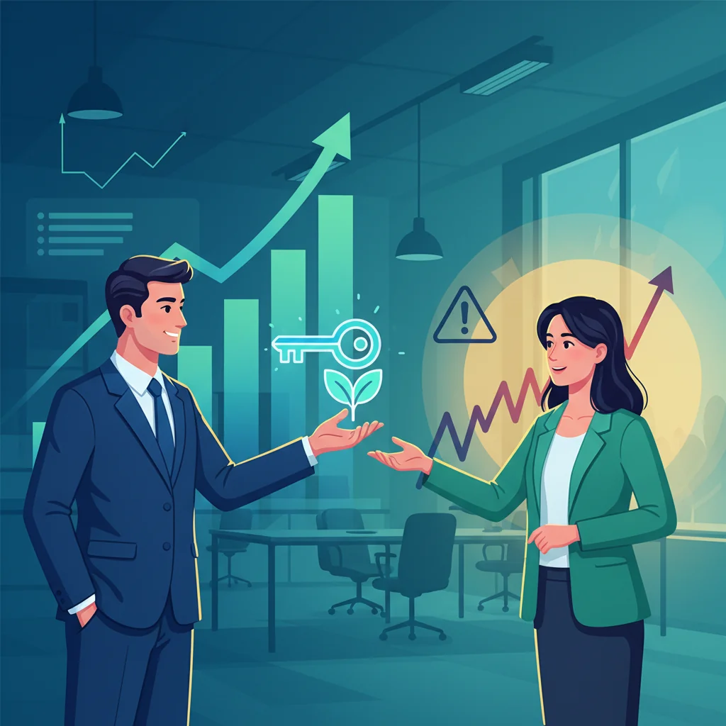 A dynamic illustration of a business professional shaking hands with a partner across a table adorned with charts and graphs showing growth and balanced scales representing benefits and risks, symbolizing the strategic advantages and potential pitfalls of asset purchase agreements in a corporate setting.