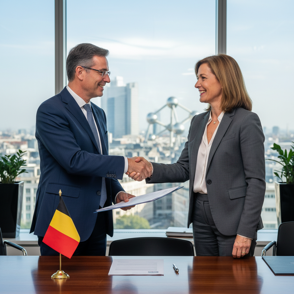 A photorealistic image of two professional adults in business attire shaking hands across a desk in a modern Belgian office, symbolizing the transfer of a commercial business, with subtle Belgian flags or Brussels skyline in the background, conveying trust and agreement in a commercial transaction.